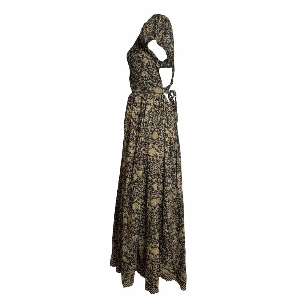 Free People Ultraviolet Maxi Dress L Black Brown Floral Smocked Boho Whimsigoth - Picture 4 of 13